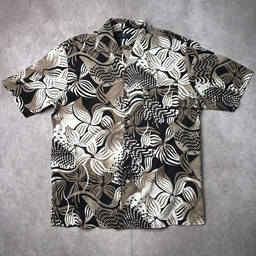 Zegna Sport Mens Abstract Floral Checkered Cotton Short Sleeve Shirt Black Tan L